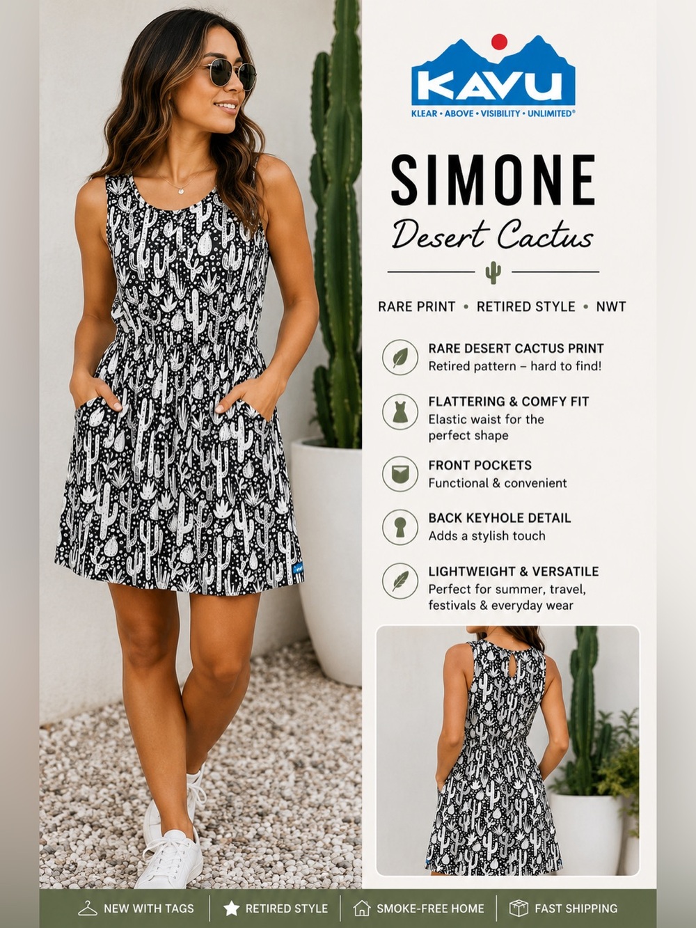 RARE KAVU Simone Desert Cactus Dress NWT XXS Retired Print Sleeveless- Pockets!